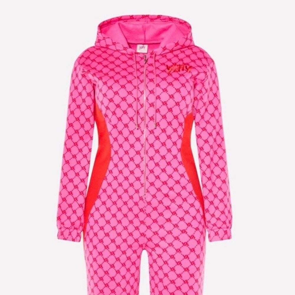 Yitty Jumpsuit Womens Size 2X Hot Pink Monogram Hooded Zip Front Pockets